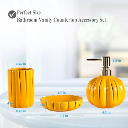 Fall Bathroom Accessories Set of 3, Thanksgiving Pumpkin Bathroom Decor, Ceramic Bathroom Sets Complete -Toothbrush Holders, Soap Dispenser, Soap Dish, Bathroom Organizer for Countertop - size: Pumpkin-Yellow