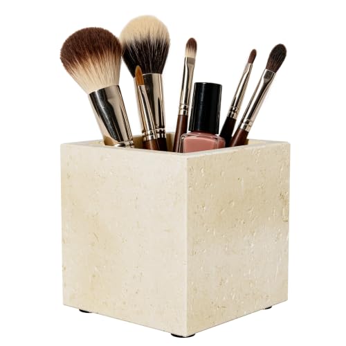 Marble Pen Holders with Natural Patterns,3.9x3.9x3.9in,Travertine | Makeup Brush Holders with Anti Slip Foot Pads, Rectangular Toothbrush Organizer,Natural Stone Utensil Container for Bathroom - color: Travertine