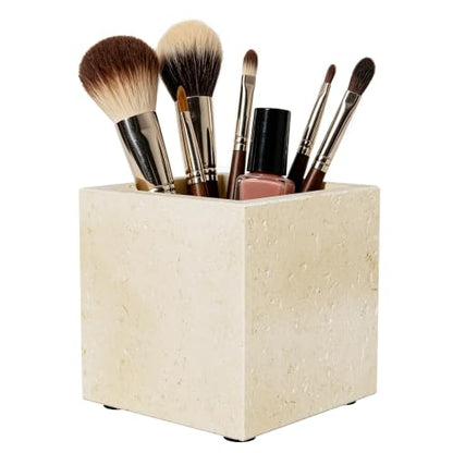 Marble Pen Holders with Natural Patterns,3.9x3.9x3.9in,Travertine | Makeup Brush Holders with Anti Slip Foot Pads, Rectangular Toothbrush Organizer,Natural Stone Utensil Container for Bathroom - color: Travertine