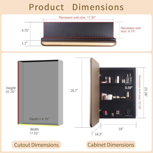 Gold Medicine Cabinet, 18x26.5 Inch Wood Framed Mirror, Fully Assembled Recessed or Wall Mount Wood Cabinet with 2 Storage Shelves, Fully Assembled - color: Gold