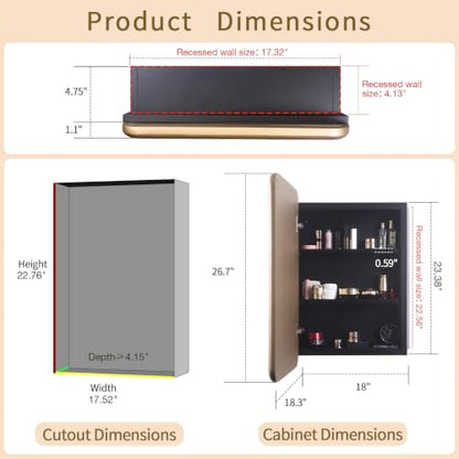 Gold Medicine Cabinet, 18x26.5 Inch Wood Framed Mirror, Fully Assembled Recessed or Wall Mount Wood Cabinet with 2 Storage Shelves, Fully Assembled - color: Gold