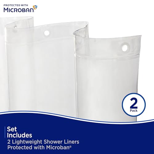 Kenney MB61122PK2 Microban Protected Lightweight 2.8 Gauge Waterproof PEVA Shower Curtain Liner with Durable Eyelet Hang Holes and Weighted Magnetic Hem for Bathroom, 70" W x 72" H, Clear, 2-Pack - color: Clear