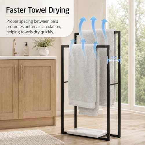 KES Standing Towel Rack, Heavy Marble Base, 2-Tier Floor Stand, Matte Black | 7.39 Lb Marble Base, Prevents Tipping, 34.3" & 38.2" H Fit Bath Sheets, Shelf Storage for Towels and Toiletries