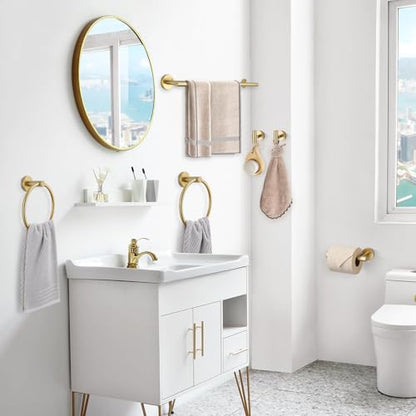 TQKAG Brushed Gold Bathroom Hardware Set 6-Piece Bathroom Accessory Set 23.6 Inch Round Stainless Steel Towel Bar Set Wall Mounted - color: Brushed Gold, size: 6-Pieces Set