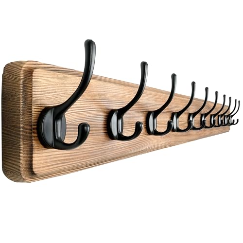 Wall Mounted Coat Rack: 38-1/4" Long, Patented, Heavy-Duty, 10-Double-Hooks Wooden Hanger Rail for Winter Coats, Hat, Jacket, Clothing - Natural & Black - color: Natural & Black, size: L=38.3"(1pcs)