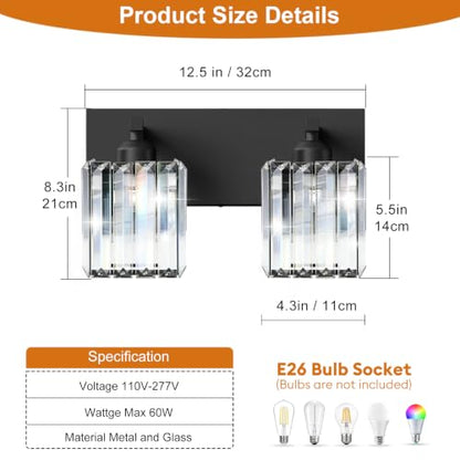 Black Crystal Bathroom Vanity Light, 2-Light Modern Bathroom Lighting Fixtures Over Mirror, Matte Black Wall Sconce with Square Shade - color: Black-Square Shade, size: 2-LIGHT