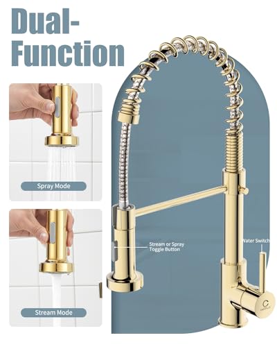 Kitchen Faucet, Commercial Kitchen Sink Faucets with Pull Down Sprayer, Stainless Steel Faucets for Kitchen Sinks, Dual Function Spray Head, Single Handle Spring Kitchen Faucets -Gold - color: D-PVD Gold, style: Classic