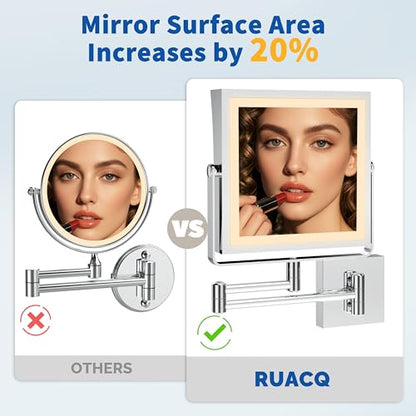 Ruacq Wall Mounted Makeup Mirror with Lights 1X/10X Dual Sided Chrome | 8",4000mAh Rechargeable,Magnification,3 Color,Touch Screen Dimmable,360° Rotation Extension Foldable Arm, Square, Women Gift - color: Chrome