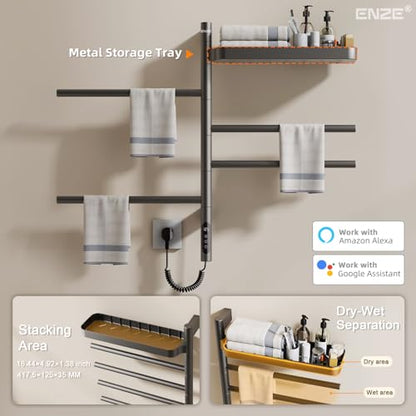 Smart Rotating Heated Towel Rack, 4-Bar, Gray | Wall-Mounted Electric Towel Warmer Rack, Swivel Shelf, Wi-Fi App Control, 24H Timer, Stainless Steel - color: Gray 17.72"x26.77"