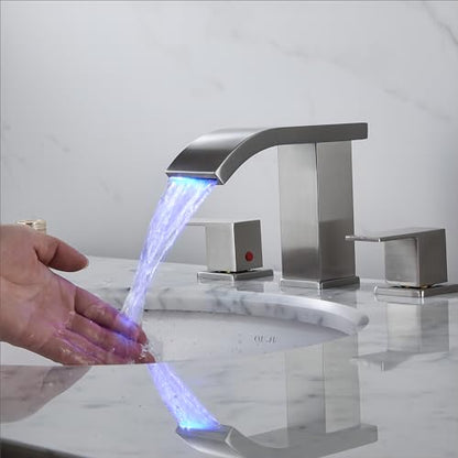 Bathroom faucets 3 Hole Widespread Brushed Nickel Bathroom Sink Faucet 8 inch LED Light Modern 3 Hole Vanity Faucet Bathroom with Pop Up Drain (Brushed Nickel) - color: Brushed Nickel