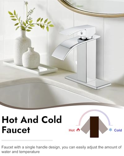 Midanya Waterfall Bathroom Faucet 1 Hole,Polish Chrome | with 24” Hoses,Pop Up Drain,6” Deck Plate,for 1 or 3 Hole Vanity,Lavatory,RV,Single Handle Bathroom Sink Faucet,NSF Certified - color: Chrome