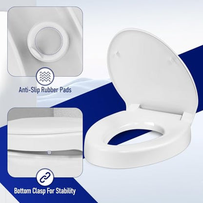 Raised Toilet Seat 3 Inch for Standard Elongated Toilets 18–19 Inch Bowl Length, Not Compatible with Round or One-Piece Toilets, Slow-Close Lid, Non-Slip Stable Design, 772 lb Capacity