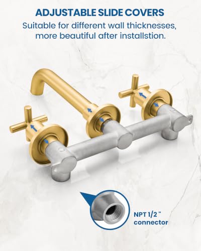 Airuida Solid Brass Brushed Gold Wall Mount Bathroom Faucet | 360° Swivel Spout,Rough in Valve,2 Cross Handle,3 Hole,Widespread - color: Brushed Gold