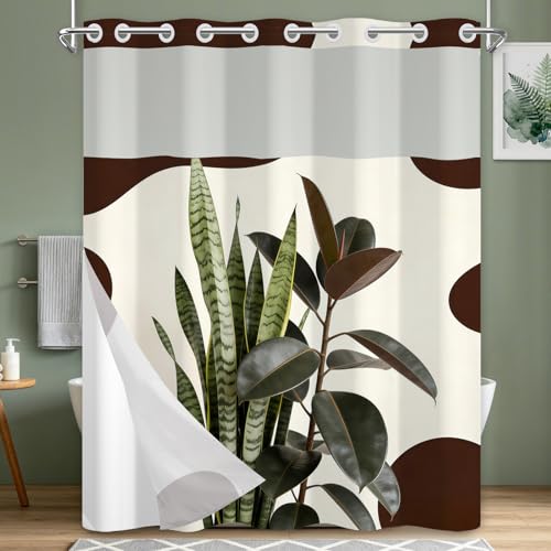 No Hook Waterproof Shower Curtains with Snap in Liner, Modern Minimalist Plant Fabric Shower Curtain with Weighted Hem and Sheer Top Window, Cow Print 3 in 1 Shower Curtain for Home, 71x74 Inches - color: Modern Minimalist Greenery