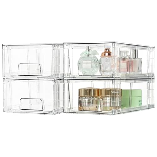 Vtopmart 8 Pack Stackable Clear Drawer with Dividers | Clear Drawer Organizers with Removable Dividers for Flexible Storage. Stackable, Non-slip, for Fridge, Under Sink & Bthroom - size: 8Pack 4.4"H-with Dividers