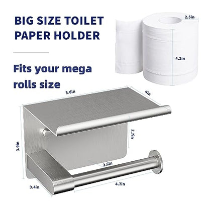 GLNLQ Brushed Nickel Toilet Paper Holder Wall Mount, Fits Mega Rolls Size Sliver Toilet Paper Holder with Shelf, Rustproof Stainless Steel Toilet Paper Roll Holder, Toilet Tissue Holder for Bathroom | Adhesive or Screw-in, Stainless Steel Material, Wall-M