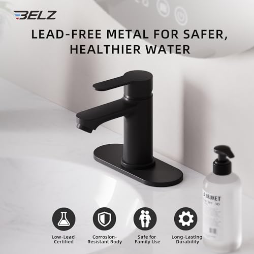 BELZ Black Bathroom Faucet, Lead-Free for 1 or 3 Hole 4" Vanity Sink | NSF372 Compliant,Anti-peeling PVD Finish,Includes Pop-up Drain & Hoses,Single Handle Modern Design, Easy DIY Install - color: Matte Black
