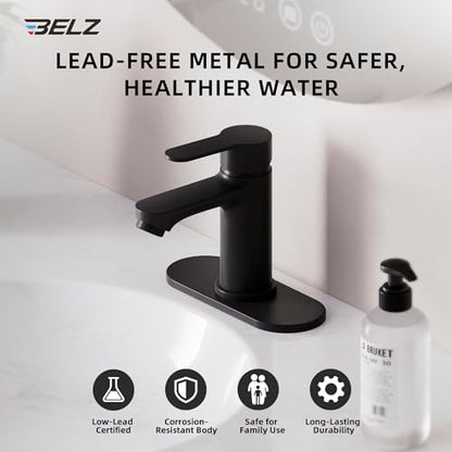 BELZ Black Bathroom Faucet, Lead-Free for 1 or 3 Hole 4" Vanity Sink | NSF372 Compliant,Anti-peeling PVD Finish,Includes Pop-up Drain & Hoses,Single Handle Modern Design, Easy DIY Install - color: Matte Black