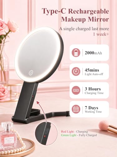 40X/1X Makeup Magnifying Mirror with Lights, 6inch Double-Sided LED Makeup Mirror, Desktop 1X/40X Travel Magnifying Mirror, 3 Color Dimmable Lights, 2000mAh Rechargeable Battery, 3 Ways to Use