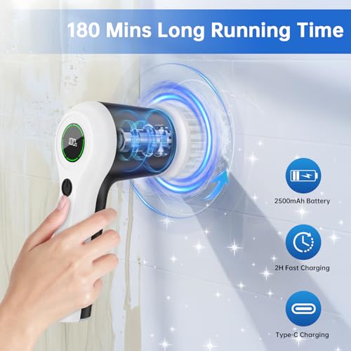 PUFTEM Electric Spin Scrubber, Cordless Shower Scrubber | Battery Level Display, Dual Speed, 6 Replaceable Brush Heads, IPX7 Waterproof, Long Runtime, Tub, Tile & Sink Cleaning - color: White