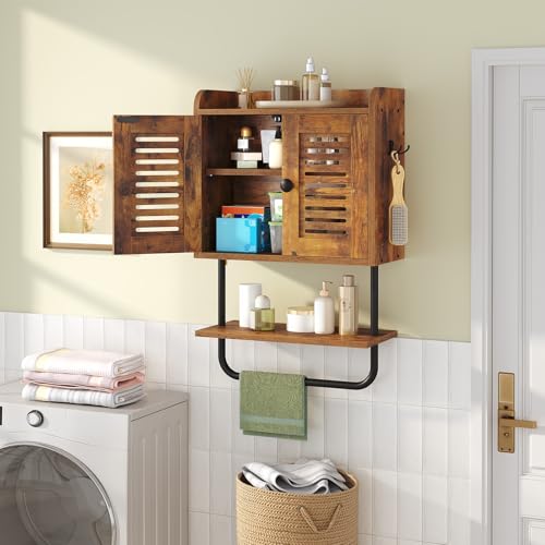 HOOBRO Bathroom Wall Cabinet, Double Doors Medicine Cabinet with Towel Bar, Adjustable Shelf, 2 Hooks, Over The Toilet Storage Cabinet, for Bedroom, Kitchen, Rustic Brown BF46CW01 - color: Rustic Brown + Black