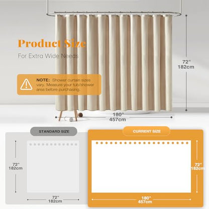 180x72 Linen Textured Waterproof Fabric Shower Curtain, Beige/Cream | Clawfoot Tub Size, 230GSM Polyester, Heavy Duty Cloth, Weighted Hem, 32 Plastic Hooks, Modern Hotel Style, Machine Washable - color: A - Cream, size: 180"W x 72"L (Pack of 1)