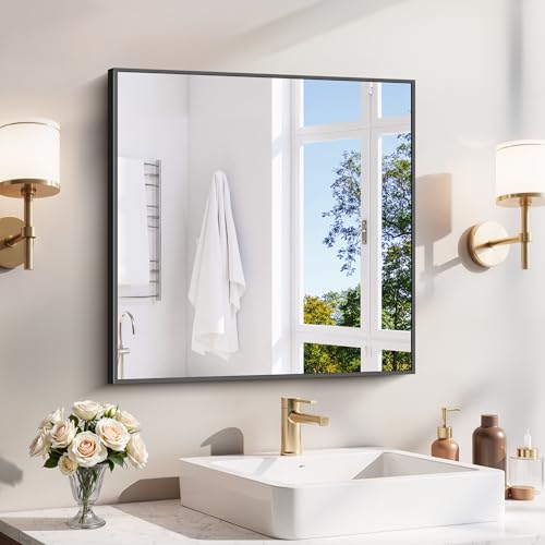 YIROMAN Bathroom Mirror 24"x24", Matte Black Bathroom Mirror for Over Sink with Aluminum Frame, Square Vanity Mirror with Right Angle, Wall Mirror Hangs Horizontal or Vertical - color: Black, size: 24"L x 24"W