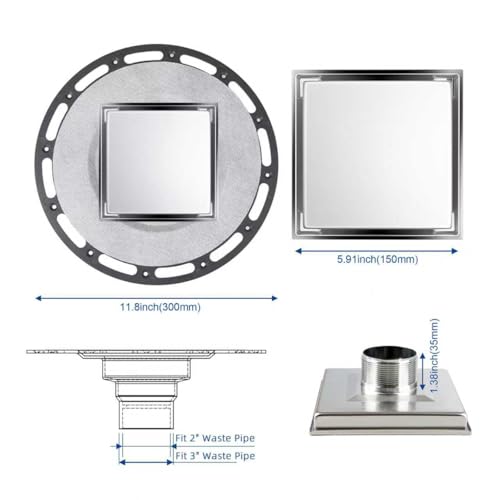 4-Inch Square Shower Drain Kit, Tile Insert Grate & Bonding Flange | Brushed 304 stainless steel tile insert cover with hair strainer; fits 2- and 3-inch pipes for tiled floors and wet areas - size: 6in Tile Insert - Brushed Steel
