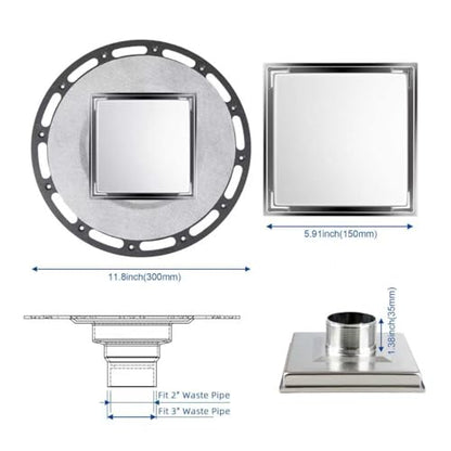 4-Inch Square Shower Drain Kit, Tile Insert Grate & Bonding Flange | Brushed 304 stainless steel tile insert cover with hair strainer; fits 2- and 3-inch pipes for tiled floors and wet areas - size: 6in Tile Insert - Brushed Steel