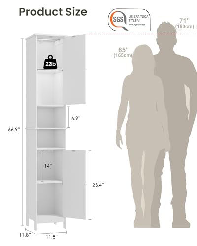 HAIOOU Tall Narrow Bathroom Storage Cabinet with Light for Small Spaces | 11.8"W Skinny Bathroom Cabinet with Adjustable Glass Shelves,Standing Slim Cabinet for Bathroom, Living Room, White - color: White