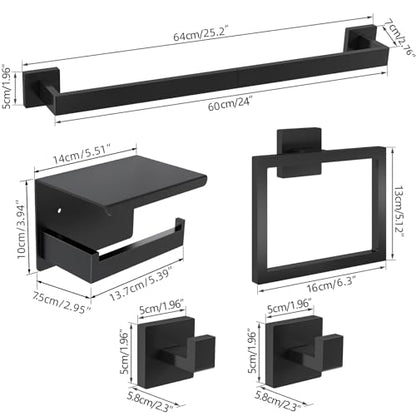 5-Pieces Matte Black Bathroom Hardware Accessories Set, 24 Inch Stainless Steel Towel Racks for Bathroom, Towel Bar Set Towel Ring Coat Hook and Toilet Paper Holder with Shelf Wall Mounted - color: Black