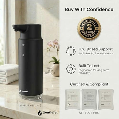 GentleJet CrystalJet Automatic Liquid Soap Dispenser Touchless Sensor, Stainless Steel, USB-C Rechargeable, Waterproof Kitchen & Bathroom Countertop Soap Dispenser, 300 ml - color: Black