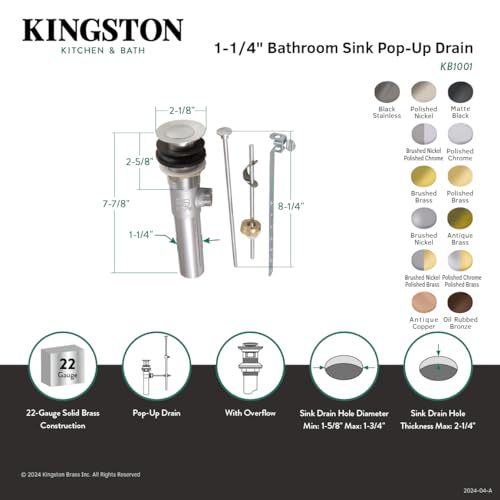 Kingston KB1008 Brass Pop-Up Drain with Overflow, Brushed Nickel - color: Brushed Nickel