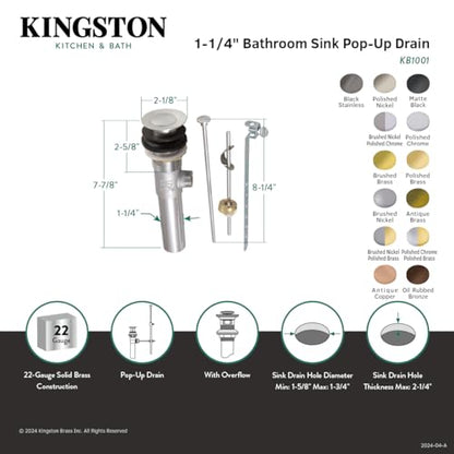 Kingston KB1008 Brass Pop-Up Drain with Overflow, Brushed Nickel - color: Brushed Nickel