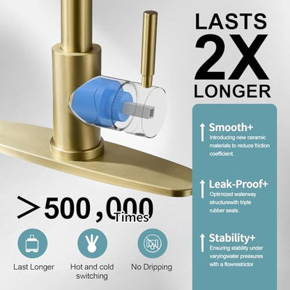 Gold Kitchen Faucets with Pull Down Sprayer and Soap Dispenser, Stainless Steel Single Pull Out Spring Sink Faucet, 3 Function Sprayer 1 or 3 Hole Deck Plate for Farmhouse Rv Bar - color: Gold, style: Classic(with Soap Dispenser)