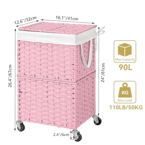 Chrislley Wicker Laundry Basket with Wheels,Rolling Laundry Hamper with Lid | 90L Slim Clothes Hamper with Wheels & Removable Liner Bag, Handwoven Rattan Laundry Organizer for Bedroom, Bathroom, Pink - color: Pink