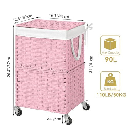 Chrislley Wicker Laundry Basket with Wheels,Rolling Laundry Hamper with Lid | 90L Slim Clothes Hamper with Wheels & Removable Liner Bag, Handwoven Rattan Laundry Organizer for Bedroom, Bathroom, Pink - color: Pink