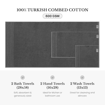 BW Luxe Home - 100% Soft Turkish Cotton 6 Piece Gray Towel Set (2 Bath, 2 Hand, 2 Wash). 600 GSM, Combed Natural Yarn for Fast Drying & Excellent Absorption. Hotel & Spa Luxury Quality. - color: Oxford Gray