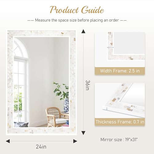 White Framed Rectangle Bathroom Mirror 24x36 Inch | Mother of Pearl Mosaic Frame, Tempered Glass, Horizontal/Vertical Hanging, Bathroom Bedroom Living Room Decor - size: 36"L x 24"W