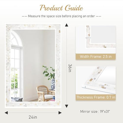 White Framed Rectangle Bathroom Mirror 24x36 Inch | Mother of Pearl Mosaic Frame, Tempered Glass, Horizontal/Vertical Hanging, Bathroom Bedroom Living Room Decor - size: 36"L x 24"W