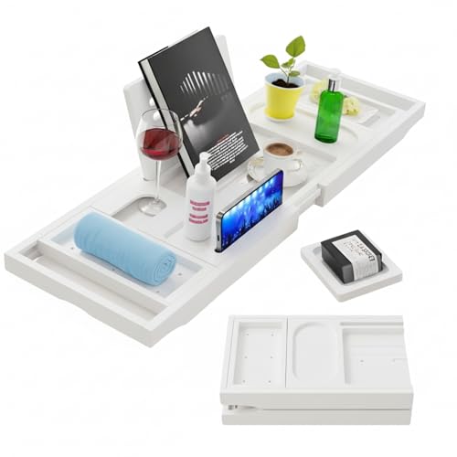 Bamboo Bathtub Caddy Tray Expandable & Foldable Bath Shelf with Book, Tablet & Wine Holder Adjustable Wooden Bath Tray for Relaxing Spa at Home – Fits Most Tub Sizes. - color: White