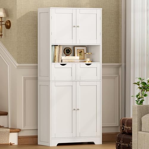 Iwell Tall Storage Cabinet with Adjustable Shelf & 2 Drawers, Kitchen Pantry Cabinet, Pantry Cabinets with 4 Doors, Tall Cabinets for Living Room, Kitchen, Bathroom, White - color: White-4 Shelves