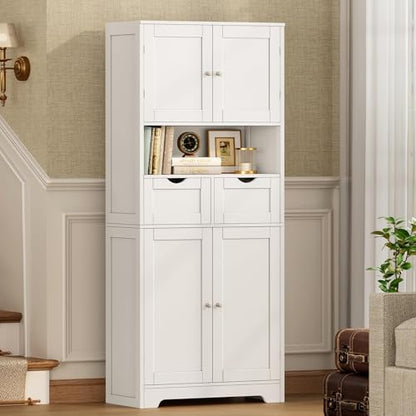 Iwell Tall Storage Cabinet with Adjustable Shelf & 2 Drawers, Kitchen Pantry Cabinet, Pantry Cabinets with 4 Doors, Tall Cabinets for Living Room, Kitchen, Bathroom, White - color: White-4 Shelves