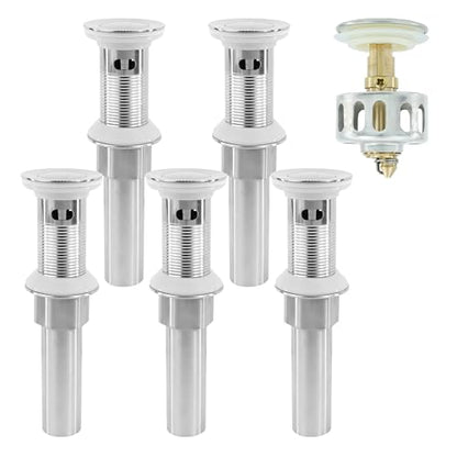 Bathroom Sink Drain,5 Pack Drain Stopper with Overflow,Small Cap Pop Up Drain Assembly with Detachable Strainer Basket,Built-in Anti-Clogging, Stainless Steel Nut Brushed Nickel - color: 5 Pack-brushed Nickel-small Cap, style: With Overflow