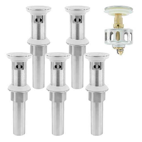 Bathroom Sink Drain,5 Pack Drain Stopper with Overflow,Small Cap Pop Up Drain Assembly with Detachable Strainer Basket,Built-in Anti-Clogging, Stainless Steel Nut Brushed Nickel - color: 5 Pack-brushed Nickel-small Cap, style: With Overflow