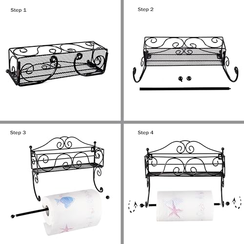 Adhesive Paper Towel Holder with Shelf, Wall Mount, 12in Black for Kitchen, Hand Towel Holder for Bathroom with Shelf