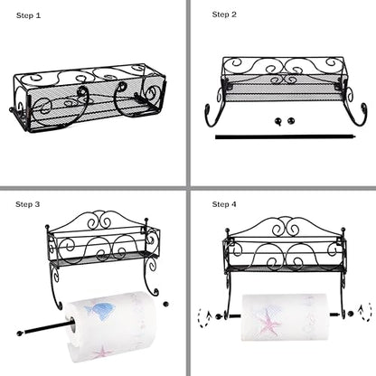 Adhesive Paper Towel Holder with Shelf, Wall Mount, 12in Black for Kitchen, Hand Towel Holder for Bathroom with Shelf