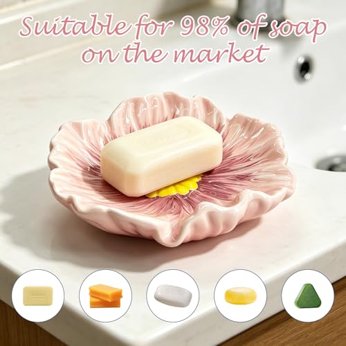 Ceramic Soap Holder with Flower Arrangements, Automatic-Draining Soap Tray for Bathroom Sink & Shower, Small Cute Elegant Glazed Holder, Easy to Clean（Rosy） - color: Rosy