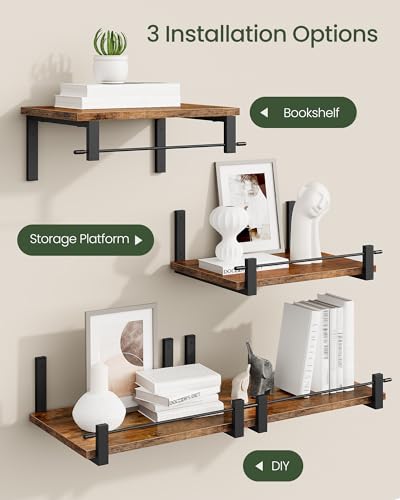 Deep Floating Shelves for Wall, 12 inch Wall Mounted Shelves Set of 2, Wide Floating Shelves for Living Room, Bedroom, Study, Bathroom, Rustic Brown and Black TBJ02P2BF - color: Rustic Brown + Black