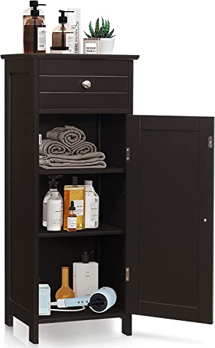 HAPPYGRILL Bathroom Floor Cabinet, Single Door Floor Storage Cabinet Organizer with Drawer and 3-Level Adjustable Shelves, Bathroom Cabinets Freestanding with Anti-Tipping Device for Living Room - color: Coffee